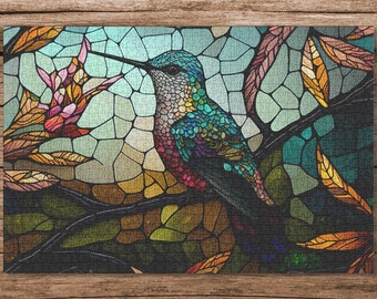 Hummingbird Jigsaw Puzzle for Adults, Colorful stain glass, jigsaw 1014 pieces, 20" x 30", AI Art Humming Bird Picture Puzzle, Stained Glass