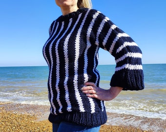 Modèle de pull en maille épaisse, modèle de tricot de pull rayé, modèle de pull en tricot, modèle de tricot de pull facile, pull surdimensionné