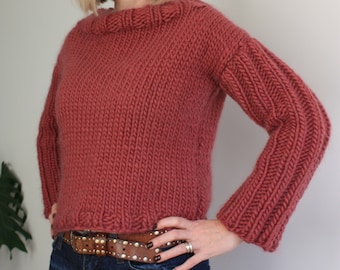 Modèle de tricot, pull en maille épaisse, modèle de tricot facile pour femme, modèle de tricot oversize pour débutants, grande taille, pull court
