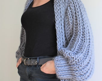 Chunky Knit Cardigan Knitting Pattern: Fisherman Rib, Balloon Sleeves (PDF Pattern)