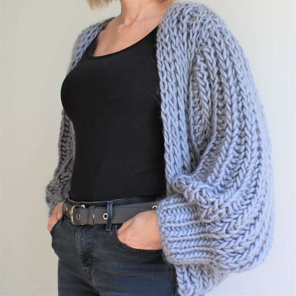 Chunky Knit Cardigan Knitting Pattern: Fisherman Rib, Balloon Sleeves (PDF Pattern)