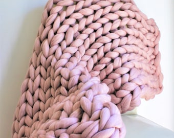 Chunky Knit Blanket, Super Chunky Mink Knit Throw, Blush Pink Merino Blanket, Giant Knit Blanket, Thick Knit Wool Throw, Housewarming Gift
