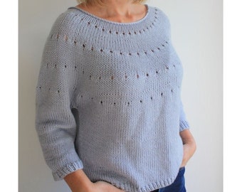 modèle de tricot, pull facile sans couture, pull en tricot de haut en bas, modèle de pull en dentelle à oeillets pour femme, modèle en tricot peigné aran
