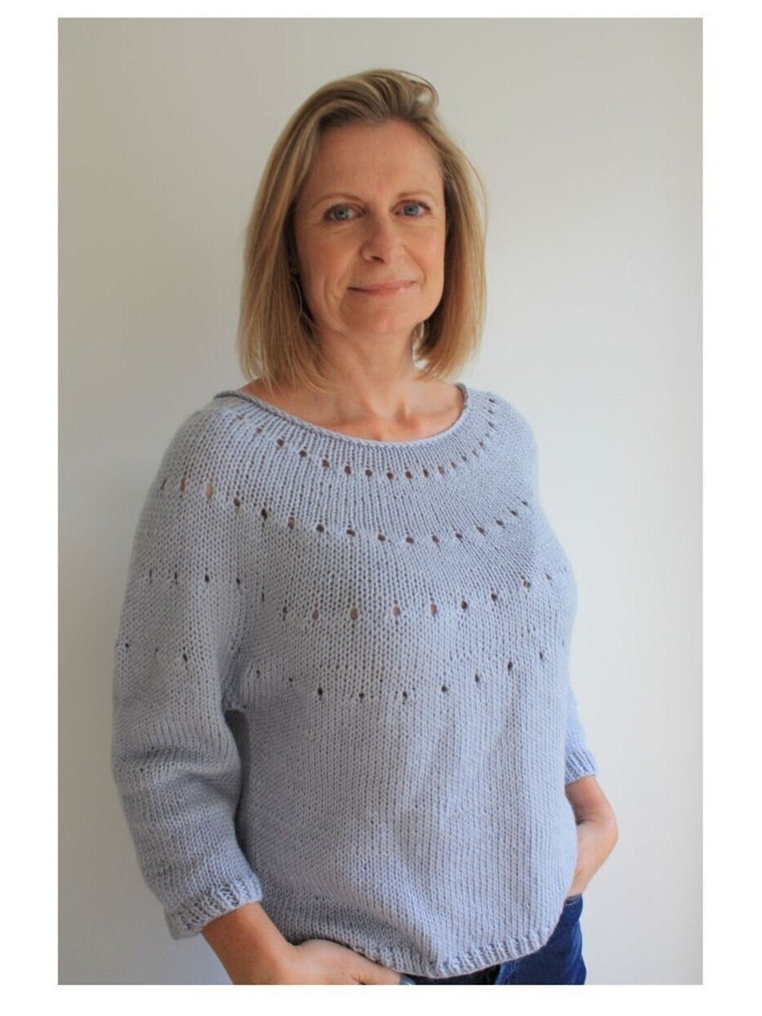 Knitting Pattern, Easy Seamless Sweater, Top Down Knit Sweater, Eyelet Lace Jumper Pattern for