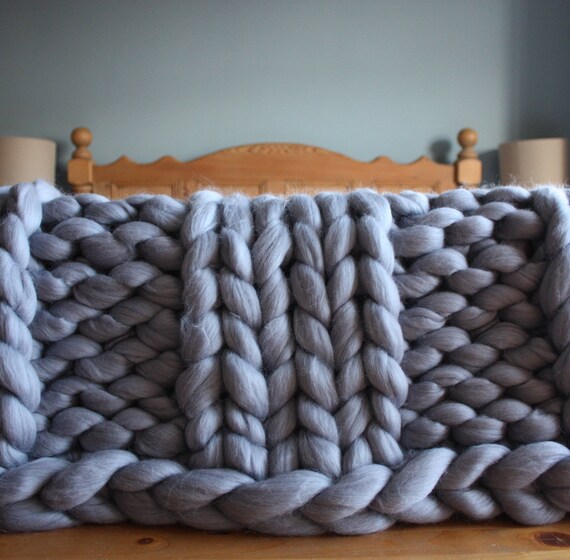 Grey Merino Chunky Knit Blanket Wool Knit Throw Gray Giant Etsy