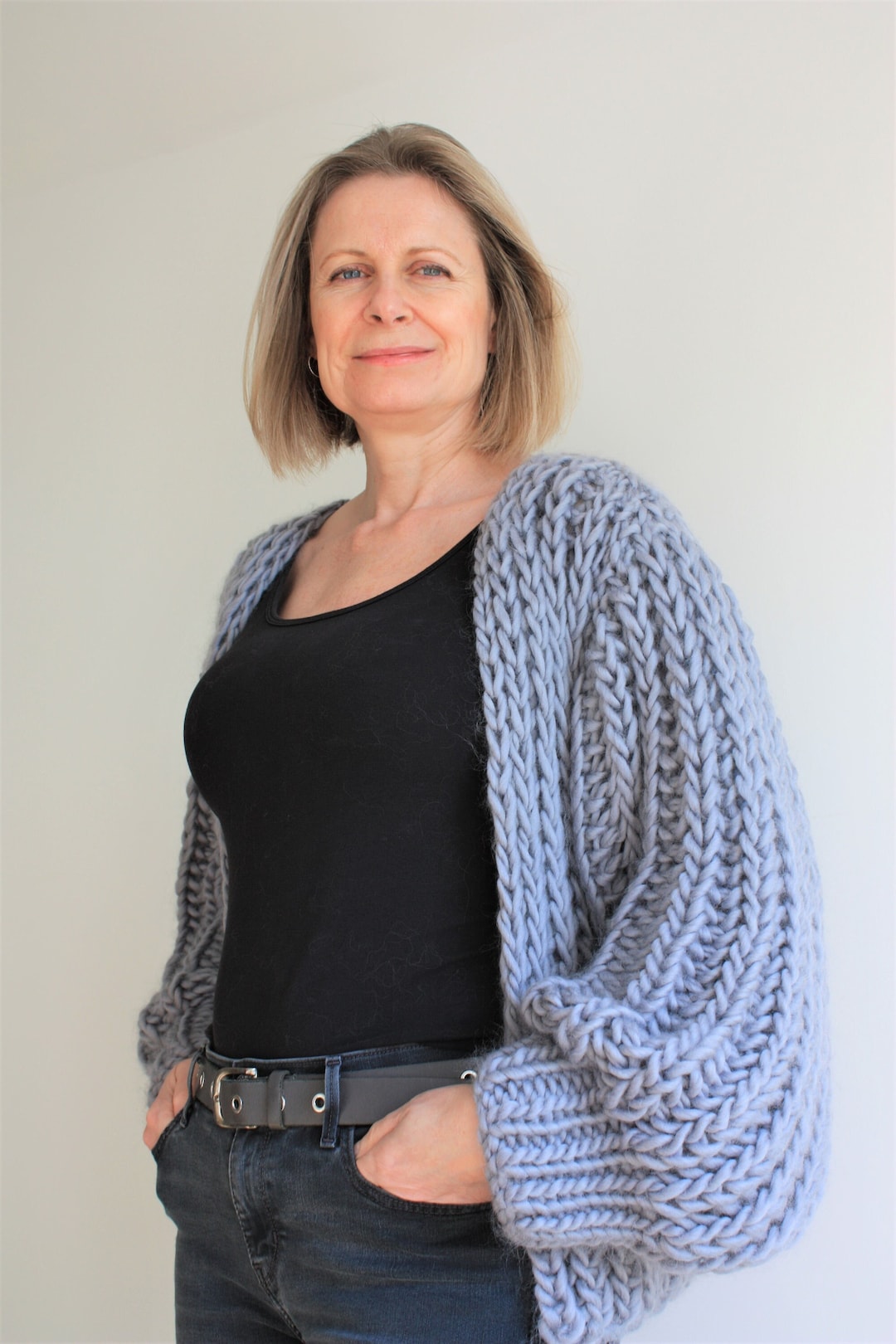Chunky Knit Cardigan Knitting Pattern: Fisherman Rib, Balloon Sleeves ...
