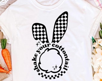 Checkered Easter Bunny Ears SVG and PNG files. Retro Easter SVG tshirt design for Cricut. Shake your cottontail svg for Easter.