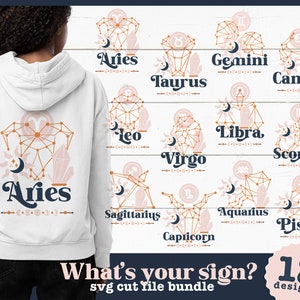 Signe du zodiaque SVG Lot de 12 motifs SVG célestes d'inspiration bohème pour t-shirts, sweat-shirts et sweats à capuche pour femme.