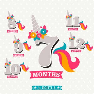 Archivos SVG de Girl Milestone, archivos de Milestone mensuales, archivos de corte de Unicorn Milestone, archivos de pegatinas de Milestone mensuales, del mes 7 al mes 12