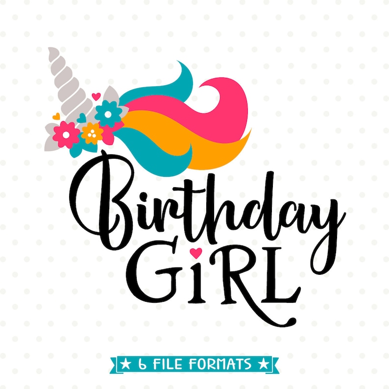 Puede incluir: Un cuerno de unicornio colorido con flores y el texto "Birthday Girl" en letra cursiva negra.