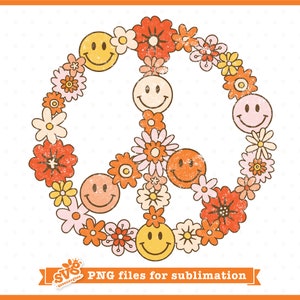 Sublimazione retrò / Segno di pace angosciato PNG per sublimazione / PNG hippie / Download del design sublimazione t-shirt retrò / Fiore hippie png