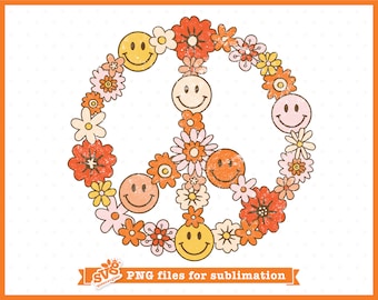 Símbolo de la paz floral retro PNG: Diseño hippie desgastado para sublimación (descarga digital)