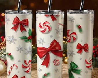 Candy Cane Christmas Tumbler Wrap PNG,  Red Bow Holiday Sublimation Design, 20oz Skinny Tumbler Digital Download