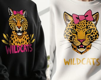 Wildcats PNG Bundle | 2 Leopard Cheer Mascot Clipart with Bows | Sublimation PNGs for T-Shirts, School Spirit, Digital Download