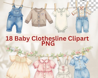 Clipart de baby shower/Paquete de clipart de tendedero para bebé/Ropa de bebé pastel colgada en el tendedero/Baby Shower, Arte infantil, Clipart, PNG