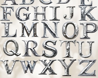 May include: A complete alphabet of silver metallic letters, each with a textured, cracked appearance. The letters are arranged in rows. The image includes the text "Metallic Letters PNG" at the bottom.