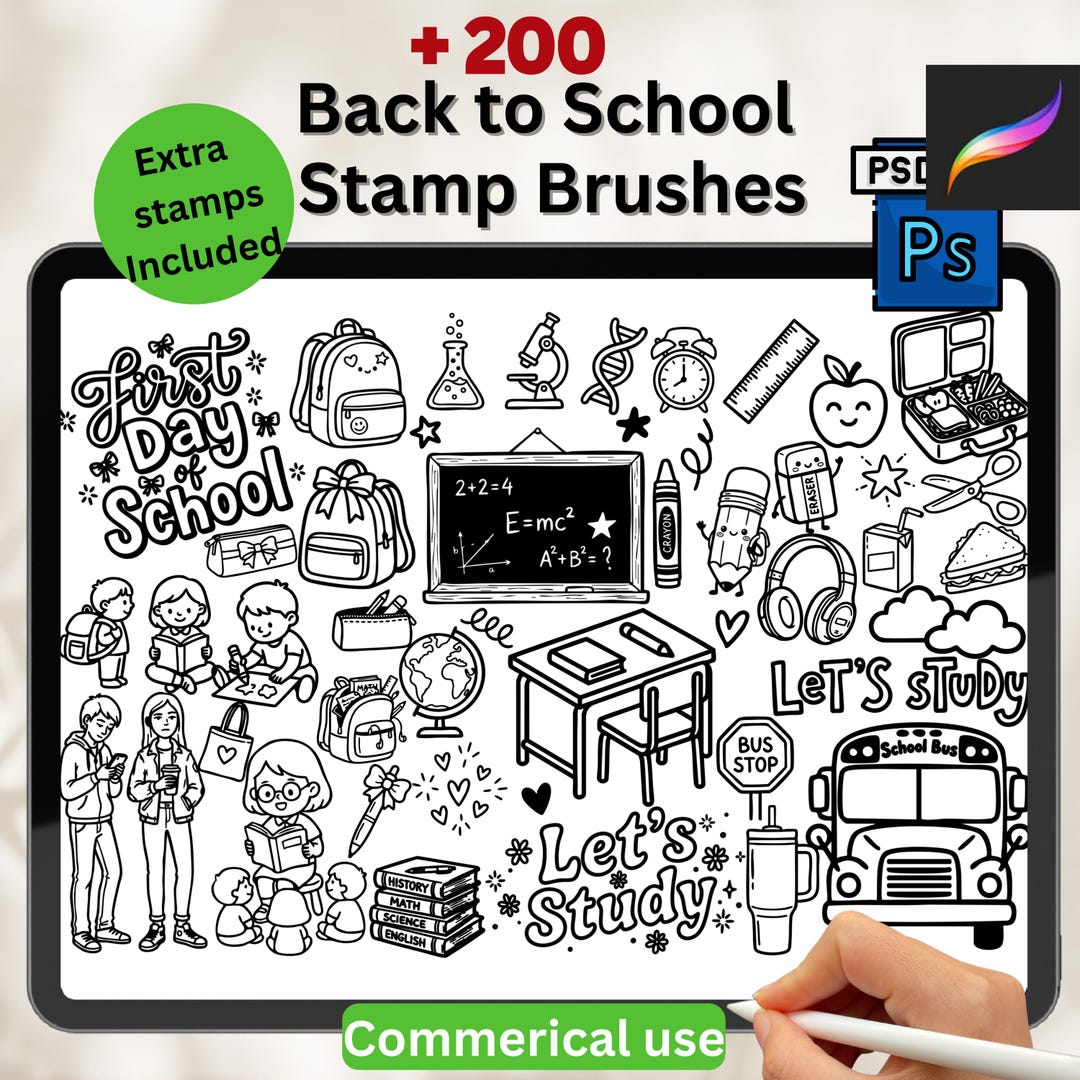 200+ Back to School Procreate Stamps & Photoshop Brushes | Kawaii ...