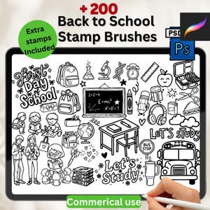 May include: A digital illustration of school-themed stamp brushes, including backpacks, a chalkboard with math equations, and a school bus. Text includes "Back to School Stamp Brushes" and "First Day of School". The image is designed for commercial use.