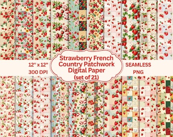 21 Strawberry French Country Patchwork pattern, shabby chic, Gingham Rose PNGs, Farmhouse Cottagecore Scrapbook Backgrounds, digital paper