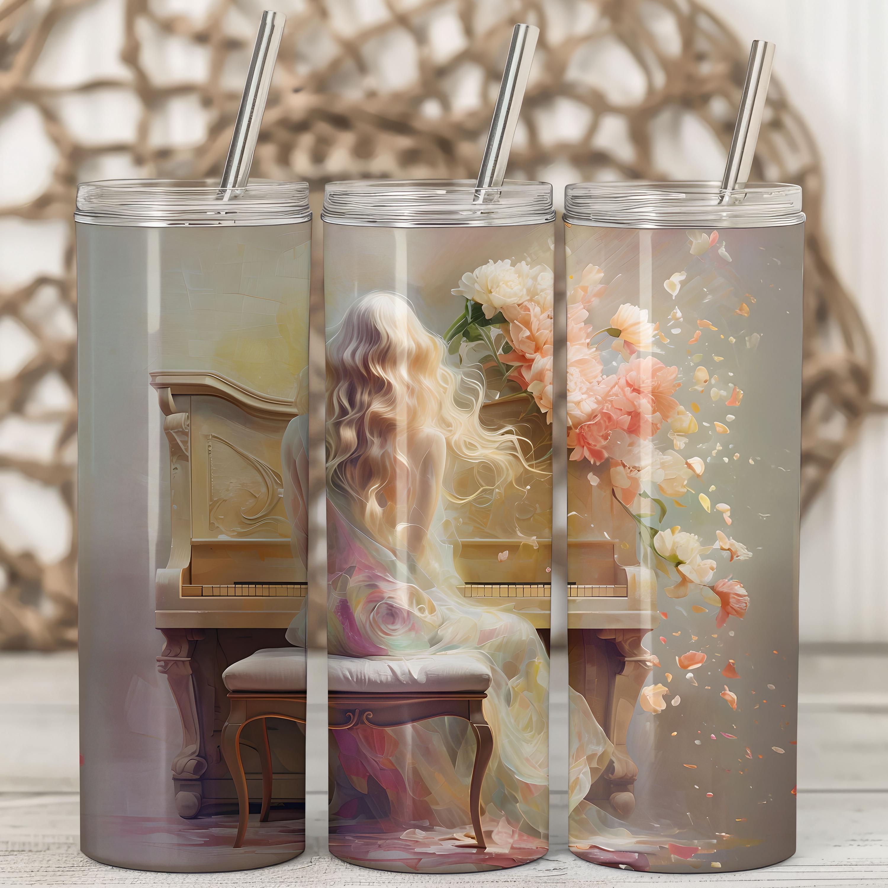 Romantic Piano Lady Tumbler Wrap | 20 Oz Sublimation PNG | Floral