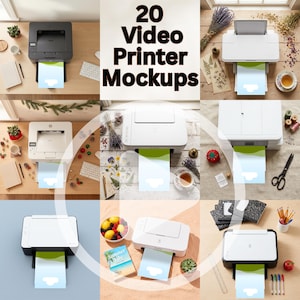 Può includere: Un collage di nove immagini che mostrano varie stampanti con pagine stampate. Il testo "20 Video Printer Mockups" è ben visibile. Ogni stampante è bianca o nera, con pagine stampate con un design verde e blu.
