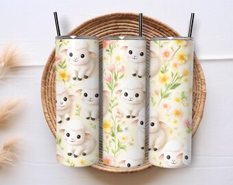 Söt lamm-tumblerwrap PNG – 20 oz smal sublimeringswrap med vårblommor | Sömlös bondgårdsdjur påsk PNG