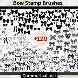Puede incluir: Pinceles de arte digital para Procreate y Photoshop con más de 120 diseños de sellos de lazo. La imagen muestra una variedad de estilos de lazo, desde simples hasta ornamentados, en blanco y negro. El texto en la imagen dice "Bow Stamp Brushes" y "Commercial use."