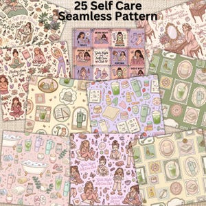 Self Care Seamless Pattern Bundle, Yoga Wellness Pattern Pack, Feminine Heilung ästhetische Muster, Therapie & Selbstliebe Digitales Papier