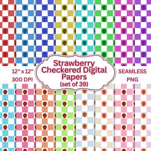 Könnte beinhalten: Eine Sammlung von 39 nahtlosen digitalen Papieren mit Erdbeer- und Schachbrettmuster. Jedes Papier hat ein anderes Farbschema, darunter Rot, Blau, Grün und Rosa. Die Papiere sind 30,48 cm x 30,48 cm und 300 DPI. Der Text "Strawberry Checkered Digital Papers (set of 39) SEAMLESS PNG" ist ebenfalls enthalten.