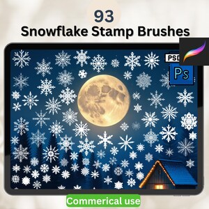 May include: Digital art display featuring 93 snowflake stamp brushes. The image shows a full moon, a house with a blue roof, and a forest silhouette. The text at the top reads "93 Snowflake Stamp Brushes". The bottom text reads "Commerical use".