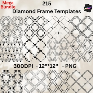 May include: A digital collection of 215 diamond frame templates in black and white. The graphic set features various repeating patterns including bows, skeletons, pumpkins, owls, and floral motifs. The files are 300 DPI, 30.48 cm by 30.48 cm, PNG.