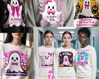 7  in october we wear pink ghost shirt, png,  breast cancer awareness png shirt, halloween breast cancer, breast cancer sublimation.