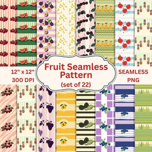 May include: A collection of 22 seamless fruit patterns, each 12" x 12", featuring various fruits like cherries, watermelon, figs, and apples. The designs are in a variety of colors and styles, perfect for digital projects. The image also includes the text "Fruit Seamless Pattern (set of 22)".