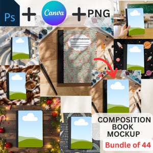 May include: A composition book mockup bundle of 44. The image shows a central composition book with a floral design, surrounded by various mockups with different backgrounds, including a classroom, space, and a wooden table. The text "COMPOSITION BOOK MOCKUP" is visible.