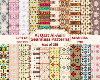 Könnte beinhalten: Eine Sammlung von 35 nahtlosen Al Qatt Al-Asiri Mustern, jeweils 30,48 cm x 30,48 cm bei 300 DPI. Die Designs zeigen geometrische und Stammesmotive in verschiedenen Farben, darunter Rot, Grün, Blau und Beige. Der Text "Al Qatt Al-Asiri Seamless Patterns (set of 35) PNG" ist enthalten.