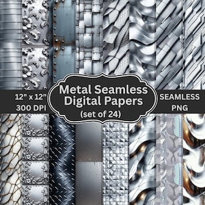 May include: A set of 24 metal seamless digital papers, each 30.48 cm x 30.48 cm at 300 DPI. The papers showcase diverse metallic textures, such as embossed floral patterns, riveted plates, and diamond plate designs. The image also includes the text "SEAMLESS PNG".