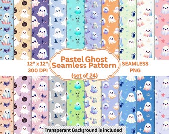 Pastel Ghost Seamless Patterns Bundle, cute ghost seamless, sweet and spooky, halloween seamless pattern,  pastel halloween png