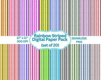 20 bright digital paper, Striped Paper Pack | Colorful Seamless Backgrounds | Pastel & Bold Stripe PNGs | Printable Scrapbook, Cards, Crafts