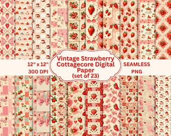 Vintage Strawberry Cottagecore Digital Paper Bundle | 30 Seamless PNGs | Retro Kitchen, Gingham, Dessert Backgrounds