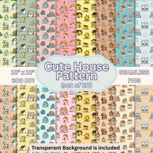 May include: A collection of twenty seamless PNG patterns featuring a cute house design. Each pattern showcases a repeating motif of colorful, hand-drawn houses on various pastel backgrounds. The patterns are 12" x 12" at 300 DPI, with a transparent background.