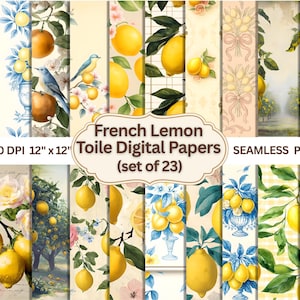 Lemon Toile Digital Paper Bundle, 23 Grandmillennial Cottagecore Floral, Chinoiserie Patterns, Vintage Seamless Backgrounds, Printable.