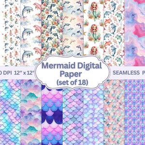 mermaid digital paper, mermaid pattern png, Seamless Patterns, Watercolor Dolphin, Mermaid Scales, Sea Creatures, Underwater, Backgrounds.