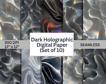 Dark Holographic Digital Paper Bundle – 10 Seamless Chrome, Iridescent, and Liquid Metal Textures | 12&quot;x12&quot; PNG | 300 DPI Backgrounds