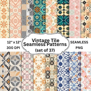 May include: A collection of 37 vintage tile seamless patterns in various colors and designs. The patterns are 12" x 12" and include floral, geometric, and starburst motifs. The image also includes the text "Vintage Tile Seamless Patterns (set of 37)".