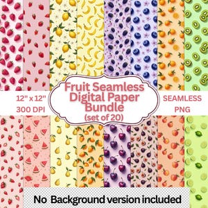 20 Fruit Seamless Digital Paper Bundle, Vibrant Fruit Patterns, Watercolor Tropical Summer Backgrounds for Scrapbooking, cute fruit clipart