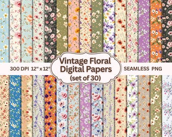 30 Vintage Floral Digital Papers, Shabby Chic Printable Scrapbook Paper, digital scrap paper, Cottagecore Flowers, background paper