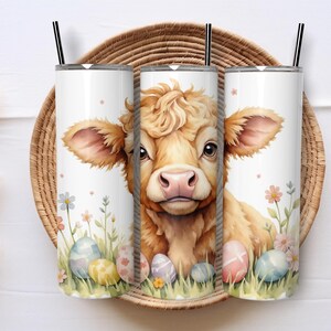 Adorable Highland Cow Easter 3D Floral Digital Design 20oz Skinny Tumblers Wrap Digital File