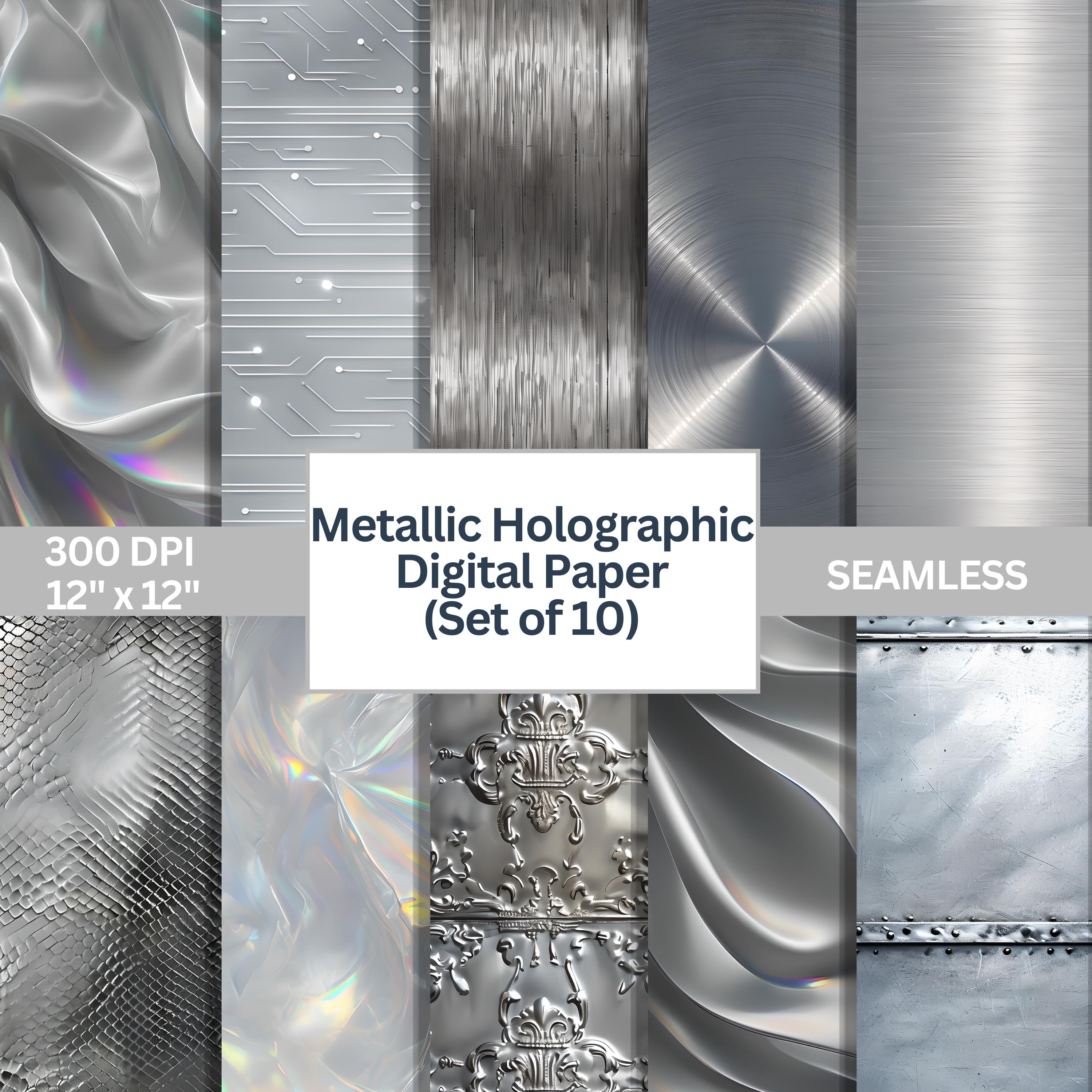 Metallic Holographic Digital Paper Bundle | Seamless Chrome, Foil, and Brushed Metal Textures | 12"x12" PNG | 300 DPI | Instant Download