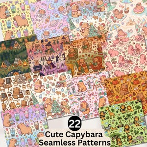 May include: A collection of 22 seamless digital patterns featuring cartoon capybaras in various settings, including space, camping, holiday themes, beach scenes, reading, coffee shops, painting, and a safari, with the text 22 Cute Capybara Seamless Patterns.