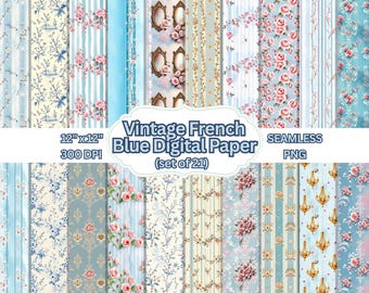 Vintage French Blue, digital shabby chic paper, Shabby Chic Floral Damask Backgrounds, Victorian Rose Wallpaper, Romantic Scrapbook Papers